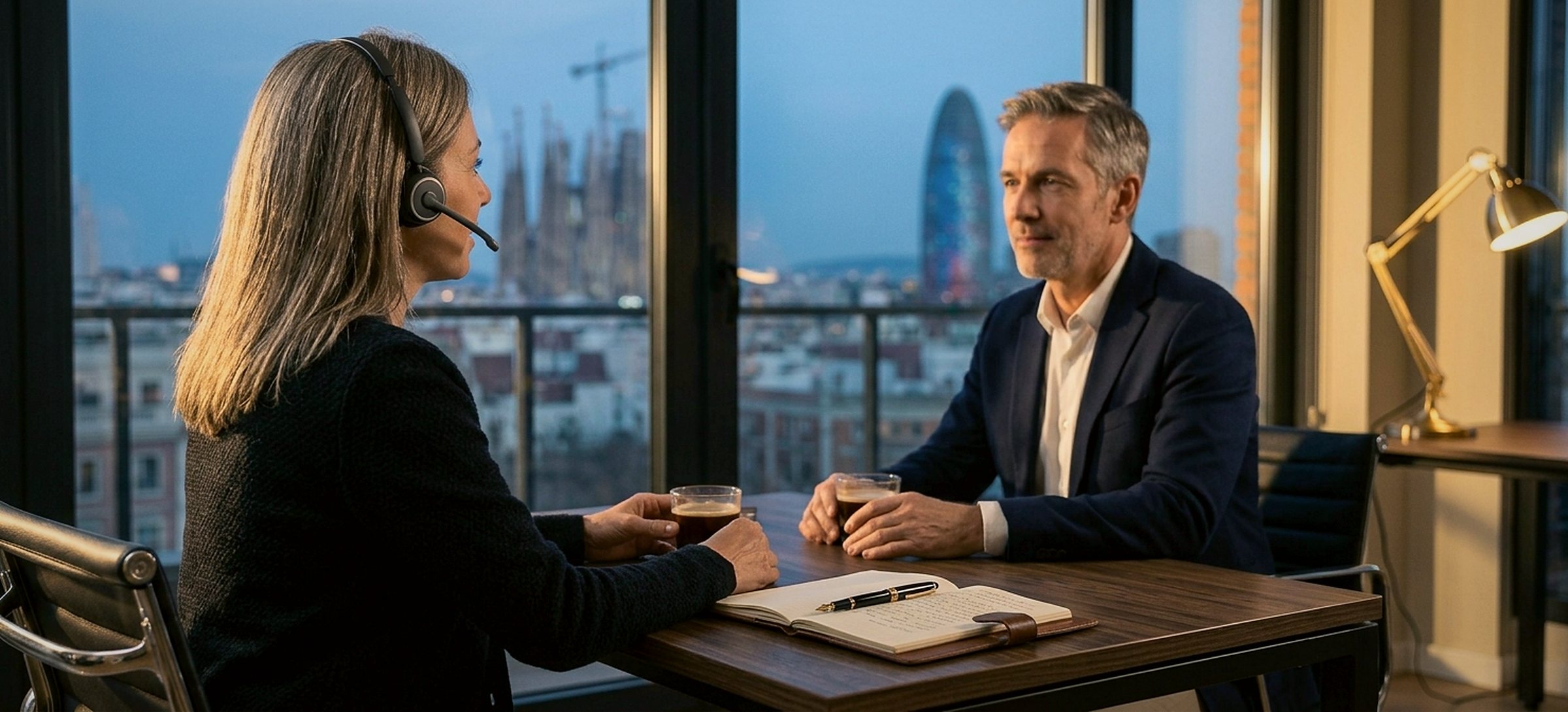 Ilustración: una conversación tranquila entre dos personas en una mesa junto a la ventana