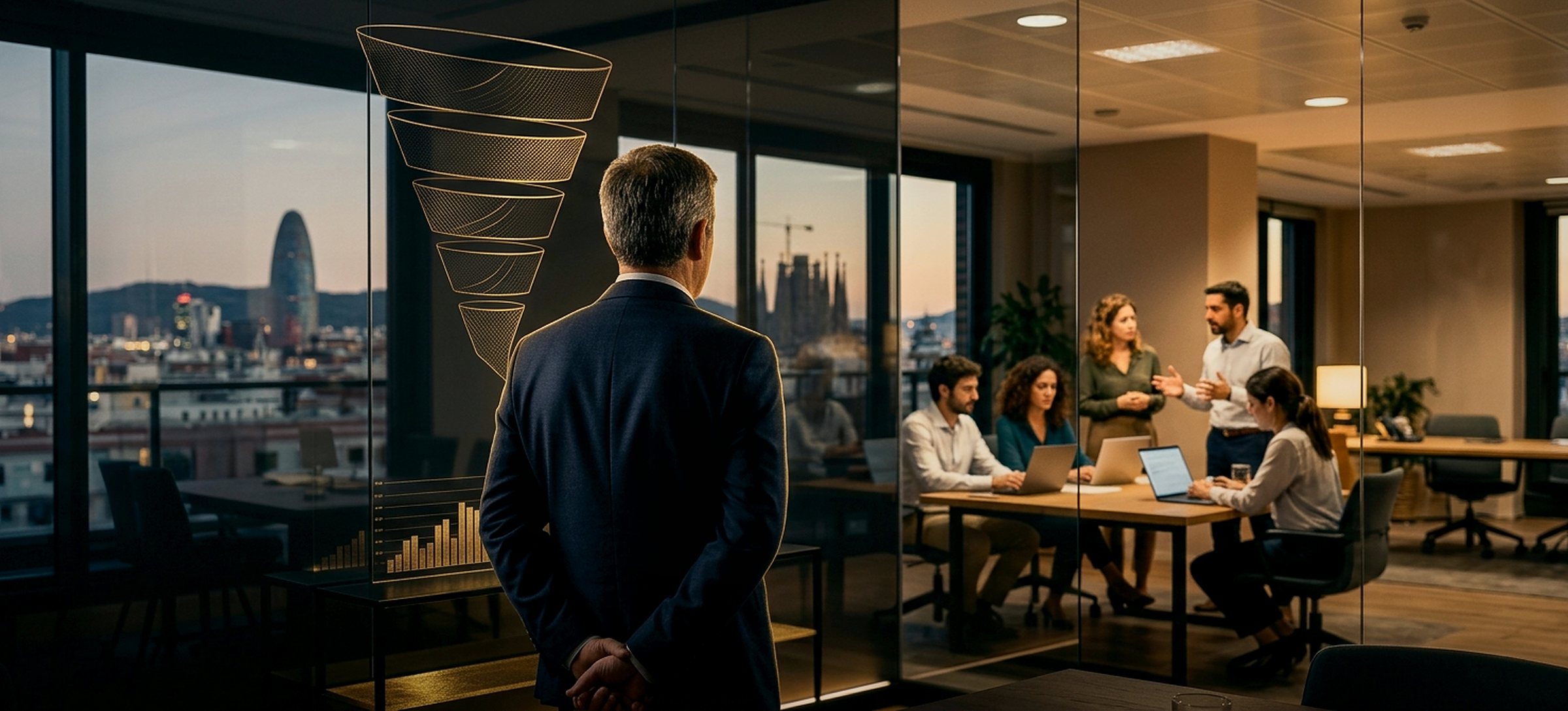 Ilustración: un director comercial de espaldas frente a una pared de cristal con un embudo de ventas dorado, con su equipo trabajando al fondo