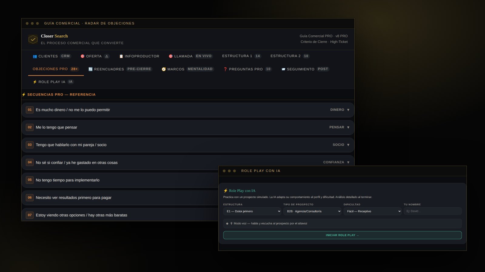 Guía Comercial interactiva de Closer Search: radar con más de 28 objeciones clasificadas y módulo de Role Play con inteligencia artificial